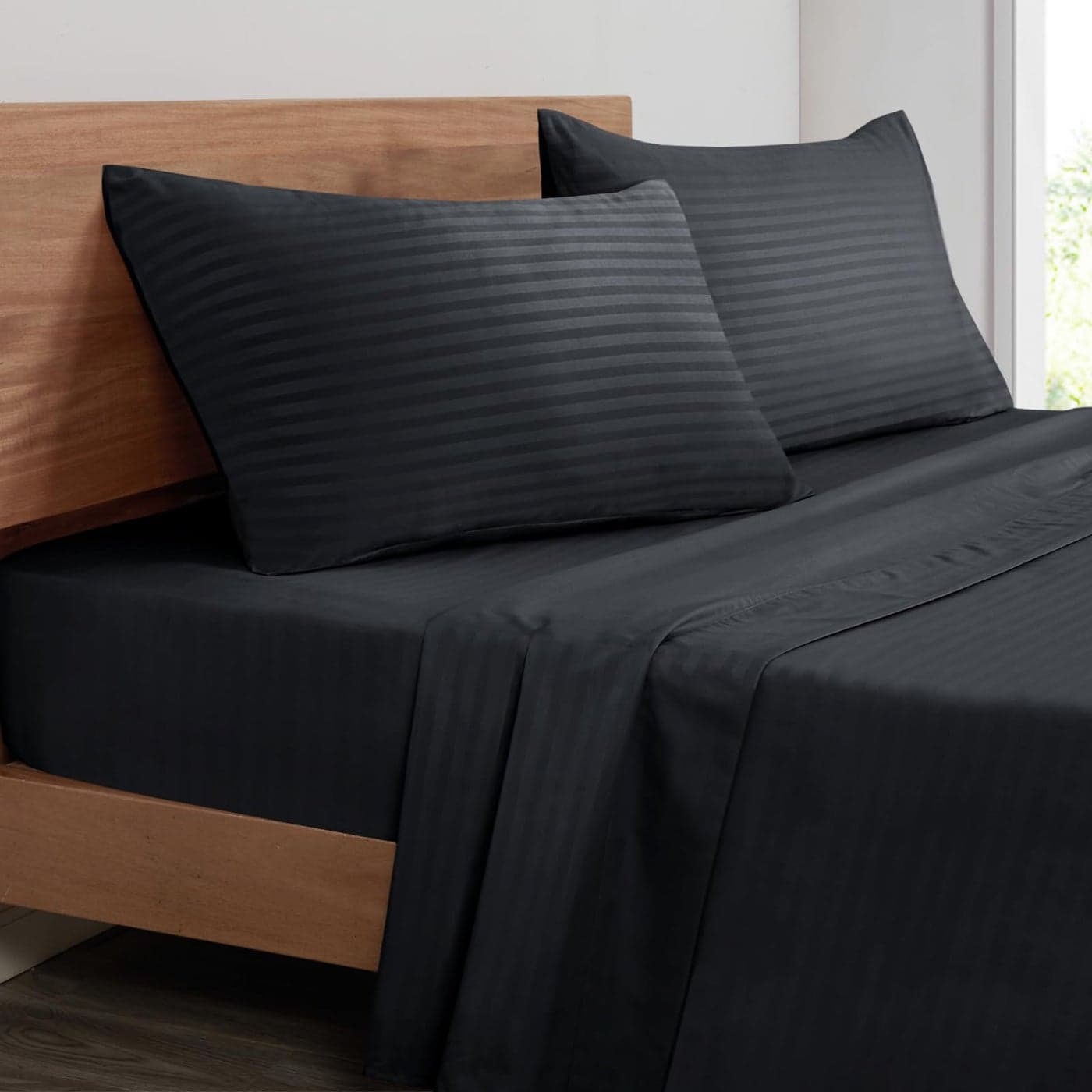 Mejoroom Striped Queen Size Sheet Set Hotel Luxury 1800 Bedding Sheets Pillowcases Deep Pocket Fitted Sheet Soft Breathable Wrinkle Fade Resistant 4 Piece 02Black