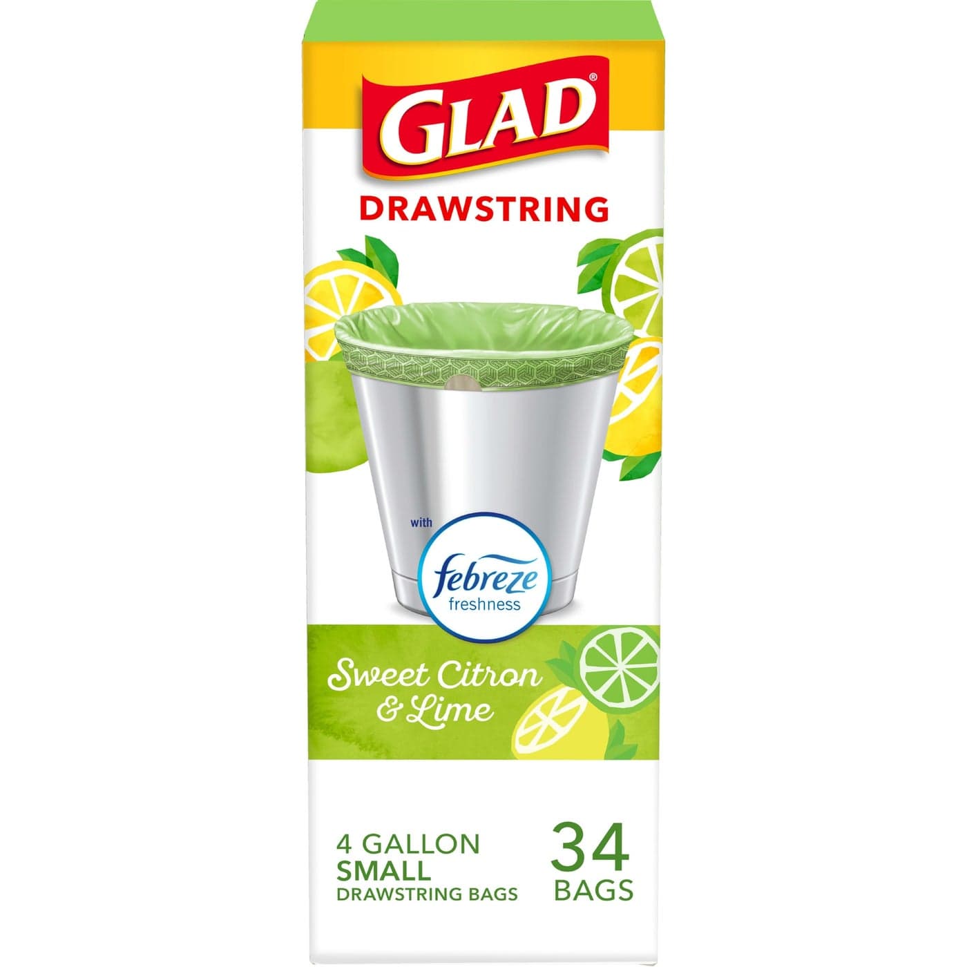Glad Small Kitchen Drawstring Trash Bags 4 Gallon Febreze Sweet Citron Lime 34 Count