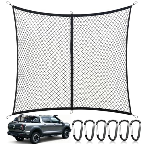 Ezfilet Cargo Net for Pickup Truck Bed, Highly Elastic Truck Bed Net, Suitable for Daily Light Loads of Trucks, 4'x4' Stretches to 7'x7', with 6 Metal Carabiners