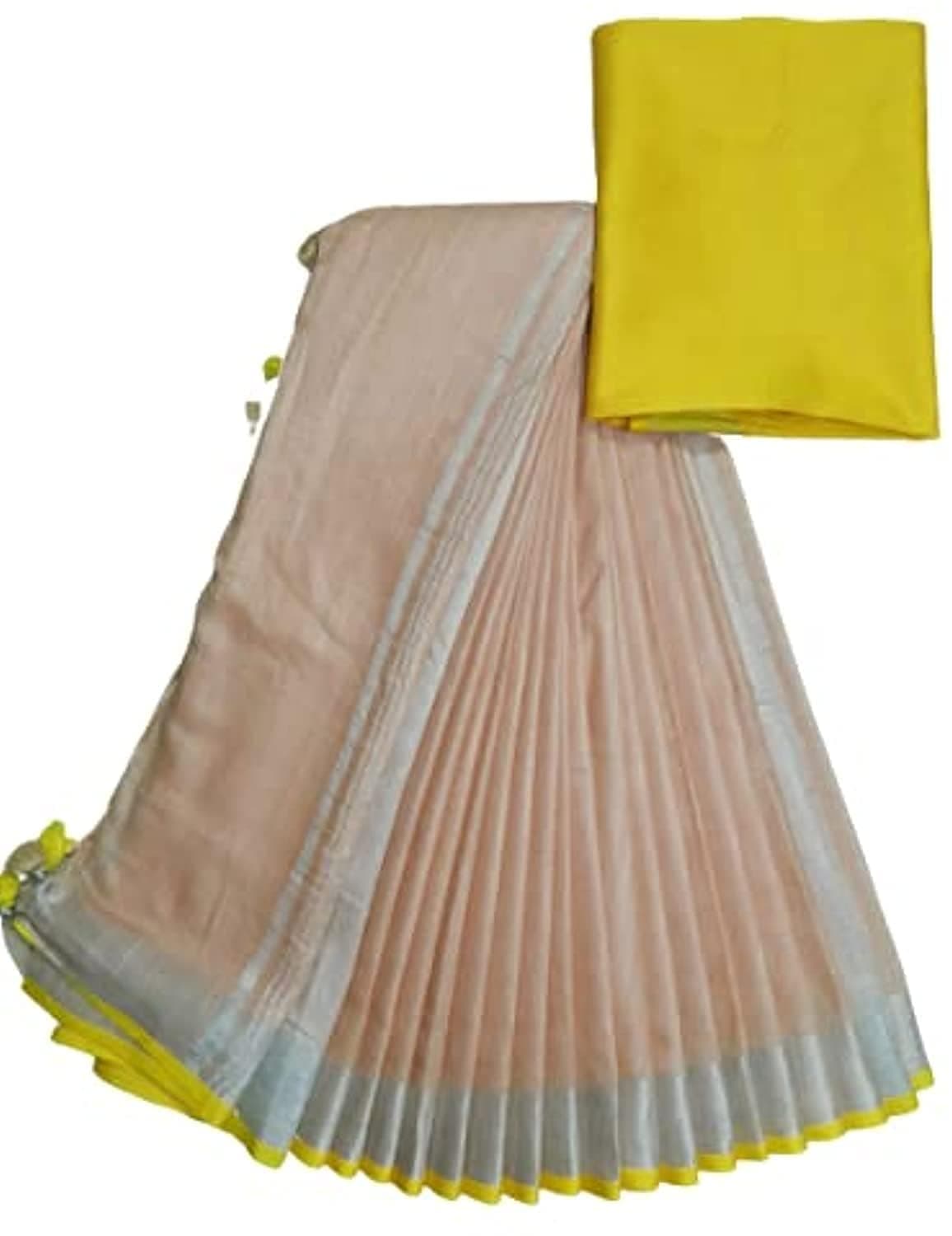 SheenKraft Bhagalpuri Linen Handloom Cotton Blend Saree for Women (Apricot Orange - Yellow)