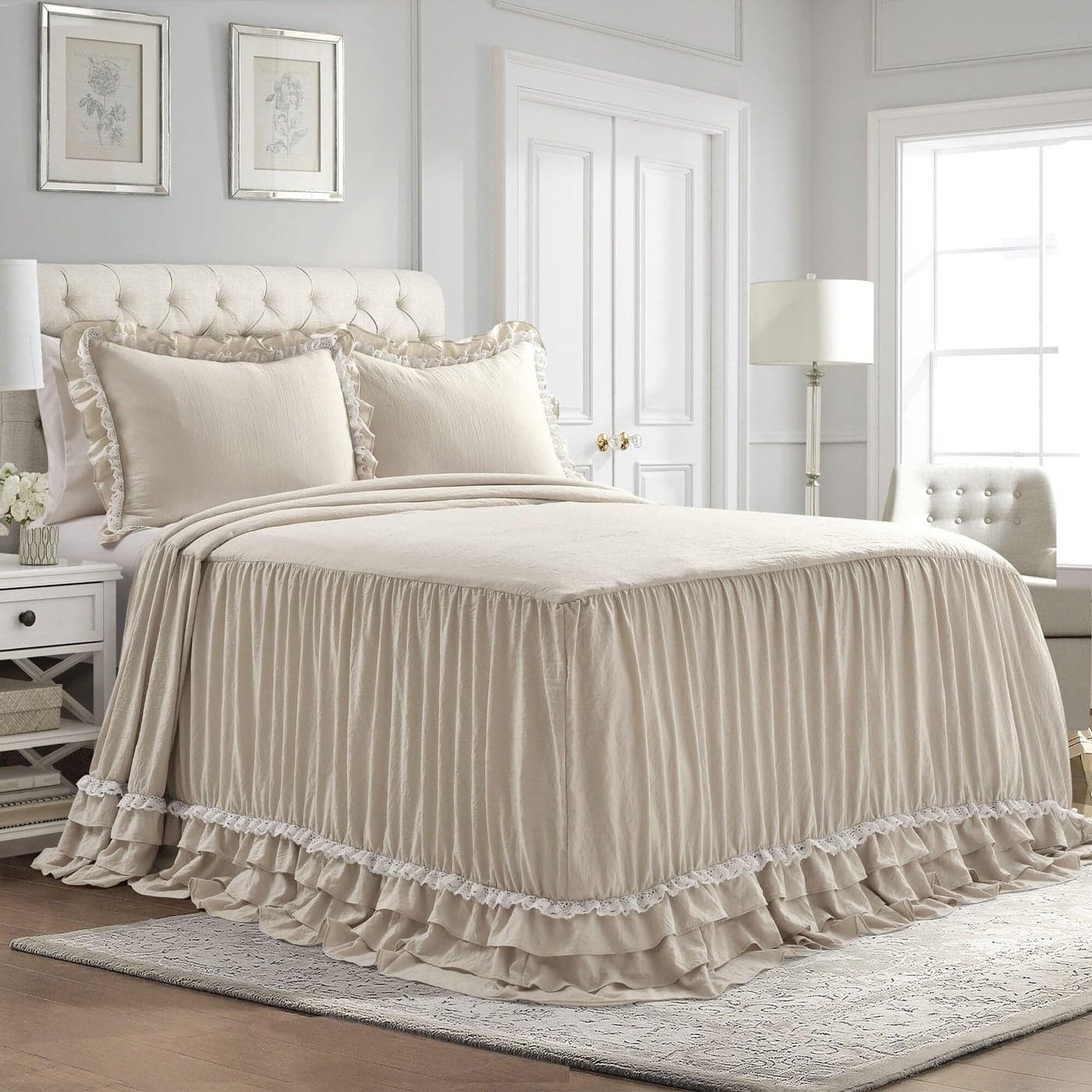 Lush Decor Ella Ruffle Lace Bedspread 3 Piece Set King Neutral Cute Bed Set King Bedding Beige Bedding Coquette Decor Neutral Ruffle Trim Beige Lace Trim