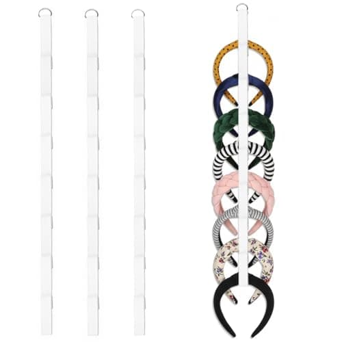HASTHIP® Hanging Headband Organizer Band, 8-Loop Organizer with Metal D-Ring, Door Hanging Fashion Headpiece Storage for Headbands, Sport Bands, Clips & More, Pack of 3, 0.8x27''