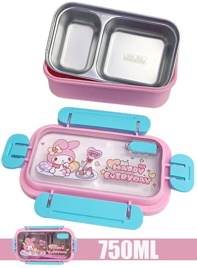 Stainless Steel Lunch Box for Kids Leakproof 2 Compartment Metal Lunch Container Stainless Steel Bento Box - Ideal for School, Office & Outdoor - Dishwasher Safe (Pink 750ML)