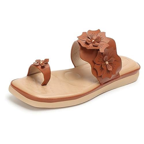 XE Looks Women's Tan One Toe Doctor Slippers with Floral Embellishments | Durable Design for All-Day Comfort | Soft Cushioned Footbed Doctor Slippers For Girls & Women