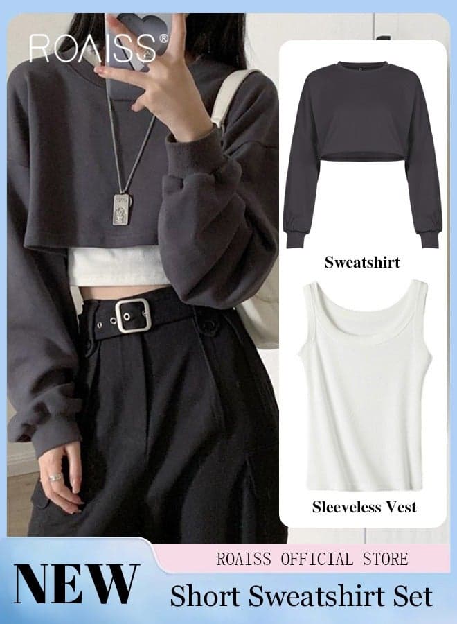Women 2PCS Clothing Set, Cropped Sweatshirt and Solid Camisole Set, Slim Fit Tank Top and Loose Pullover Set for Ladies, Great for Daily Wear or Any Outdoor Activity