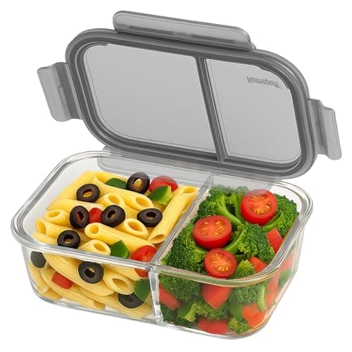 Home Puff Borosilicate Glass Lunch Box 965ml with 2 Compartments for Office, School Tiffin Bento Box| Meal Prep Containers| BPA-Free Airtight Lid, Leak-Proof Lock| Dishwasher Freezer Microwave Safe