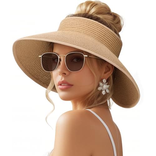 Sun Visor Hats for Women, Wide Brim Straw Beach Ponytail Hats, UPF 50+ Summer Packable Foldable Roll up Topless Hat