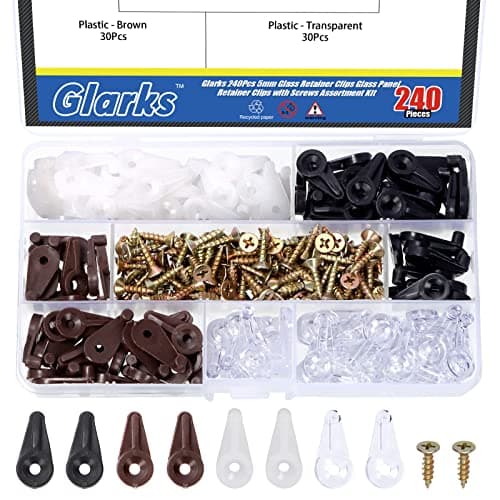 Glarks 240Pcs 4 Colors 5mm Glass Retainer Clips with Screws Kit, Clear/White/Black/Brown Plastic Glass Panel Retainer Clips Window Screen Cabinet Door Clips for Fixing Mirror Glass Cabinet Doors