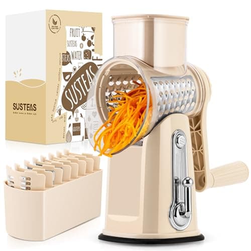 SUSTEAS Rotary Cheese Grater with Handle - Vegetable Shredder with 5 Well-designed Blades & Strong Suction Base,Round Mandoline Slicer & Food Chopper for Kitchen,with Blade Storage Box(Beige)