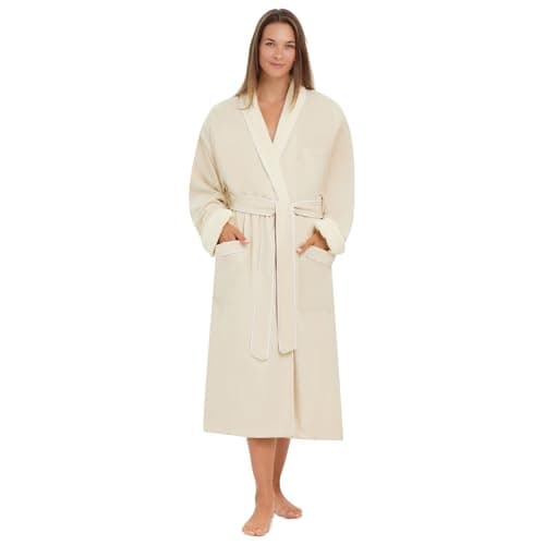 MONARCH Terry Lined Microfiber Hotel Robe for Men and Women – Soft Lightweight Textured Fabric with Classic Design, Generously Sized Hotel & Spa Robe with Pockets – Machine Washable (Natural, Large)