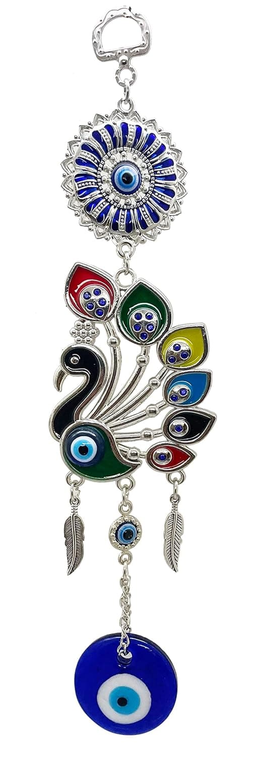 Saubhagya Global Fengshui Set of 1 Blue Turkish Peacock 4 Evil Eye Hanging for Car DoorOffice Medium Size Height26cm