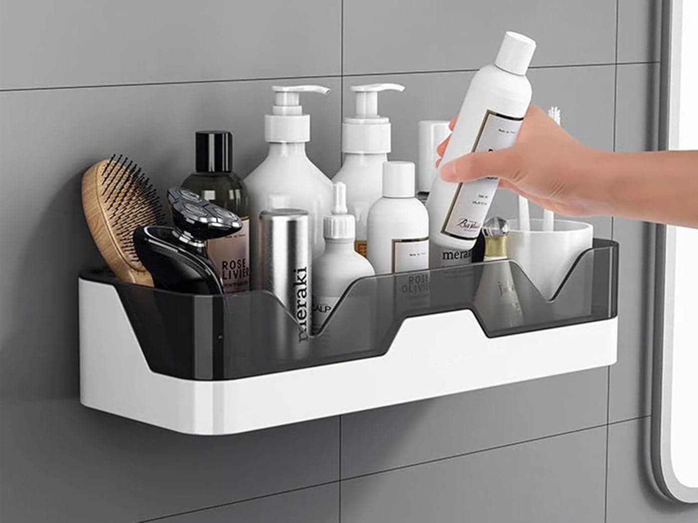 TEKCOOL Wall Mounted Bathroom Shelf Organizer | 1 Tier Plastic Bathroom Rack | No Drill Adhesive Bathroom Accessories for Shampoo, Soap & Toiletries