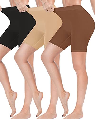 Reamphy 3 Pack Slip Shorts for Women Under Dress,Comfortable Smooth Yoga Workout Biker Shorts(Black+Nude+Brown,L)