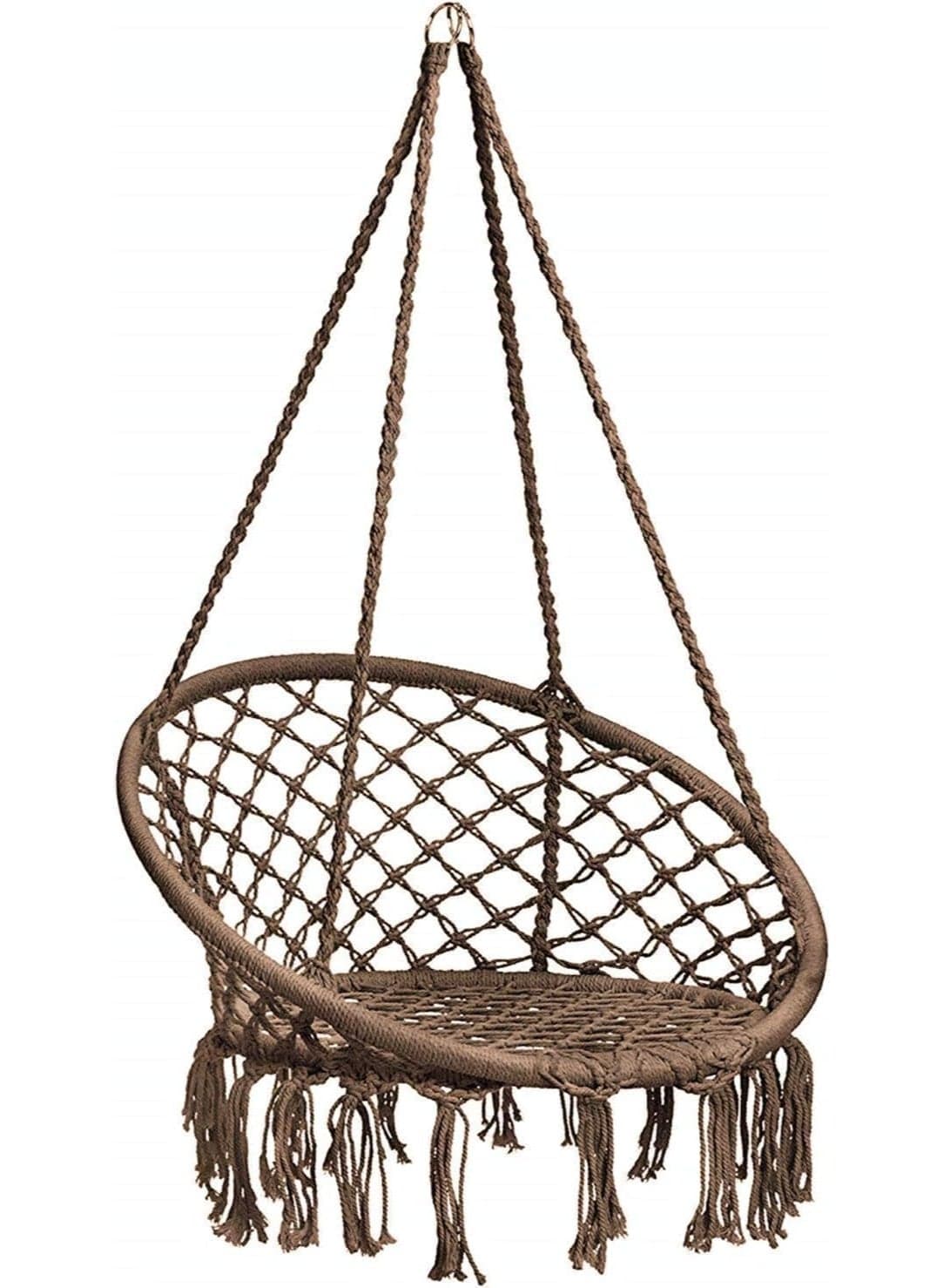 Macramé Rope Hanging Swing Chair with Tassels – Handwoven Cotton Hammock Seat for Indoor & Outdoor Relaxation, Perfect Boho Accent for Bedroom, Balcony, or Garden, Sturdy, Cozy, and Aesthetic Chair for Adults and Teens