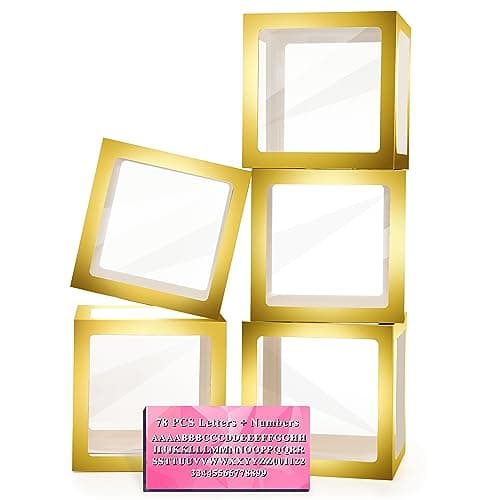 Baby Boxes with Letters for Baby Shower 5 Clear Balloon Boxes with 78 Letters Numbers Name Blocks for Bridal Shower Gender Reveal Decorations Birthday Wedding Party Grad Backdrop Gold