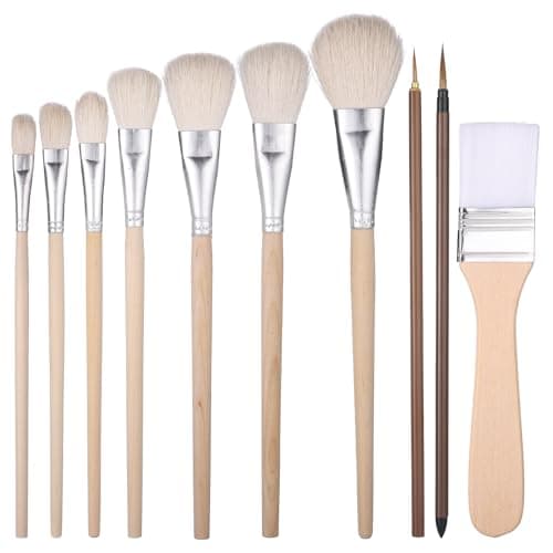QFGasre Pottery Glazing Brushes 10 Pcs Mop Brush for Acrylic Painting Goat Hair Blending Mop Brushes Ceramics Pottery Brush Tools Kit for Watercolor Oil Clay Face Body Art Painting