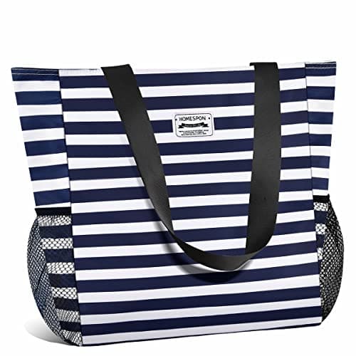 Buringer Large Waterproof Beach Bag for Women Sandproof Tote Bag with Zipper and Pockets Pool Bag for Travel Gym Vacation (Blue Stripes)