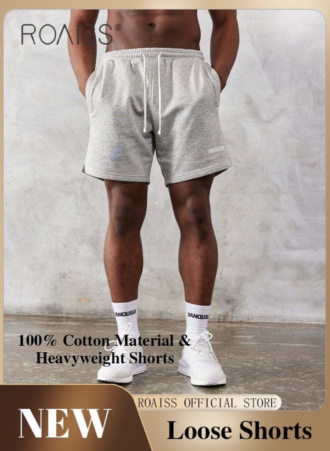 Men's Gym Drawstring High Waist Loose Shorts for Men Casual Breathable Sweat Short Pants with Pockets Five Point Pants for Sports Gray small slit elastic running shorts