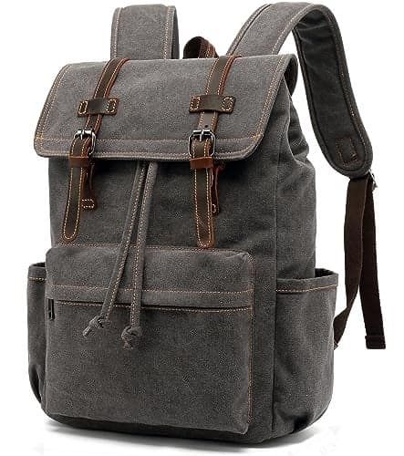 HuaChen Vintage Canvas Leather Backpack for Men, Multi-Pocket Travel Rucksack For Laptop, Durable Hiking & Commuter Bag - M83 Grey