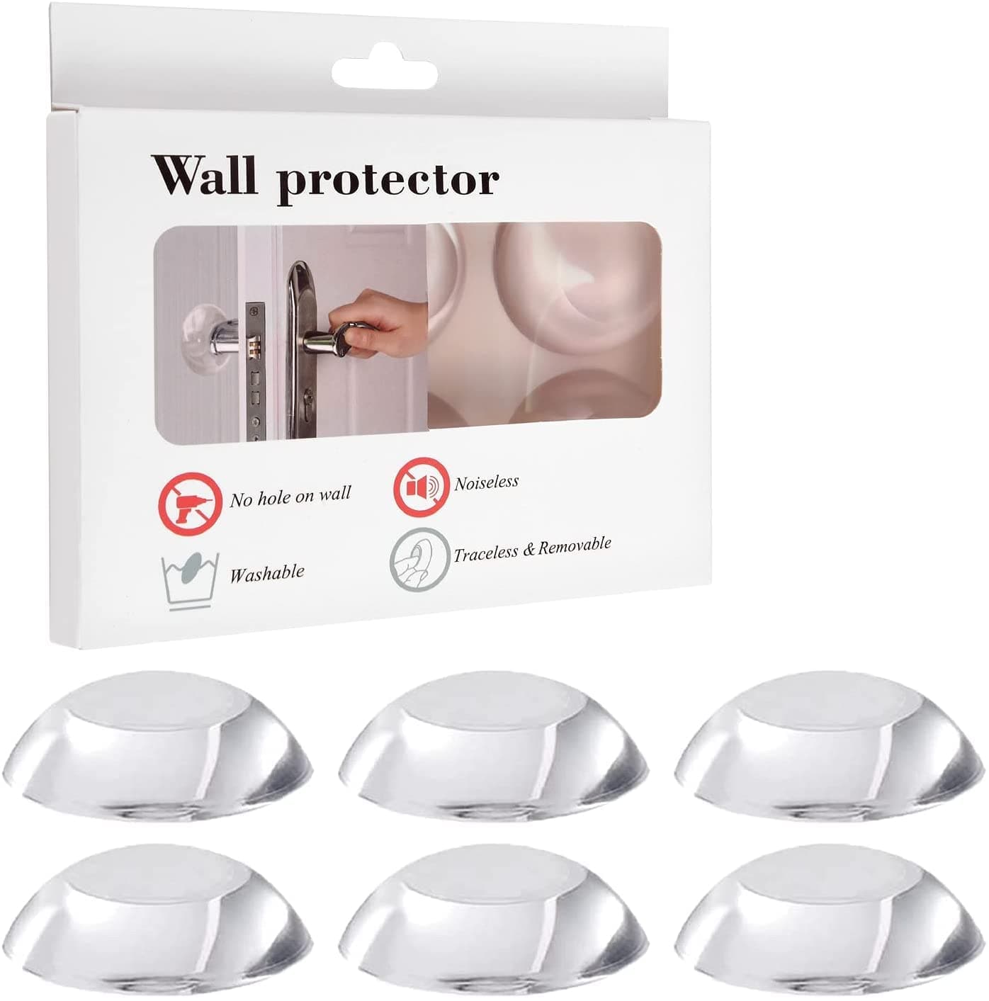Qenixo Door Knob Wall Protector (Pack of 6) – Transparent Self-Adhesive Rubber Bumper Pads for Wall Protection, Door Stopper, Noise Dampening, Reusable Shock Absorber for Home & Office
