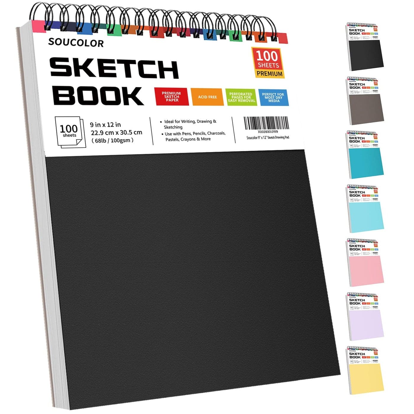 Soucolor 9 x 12 Sketch Book 100 Sheets Top Spiral Bound Sketchbook with AcidFree 68lb100gsm Drawing Paper Art Sketch Pad for Kids Adults Artist Professional Art Supplies for Beginners