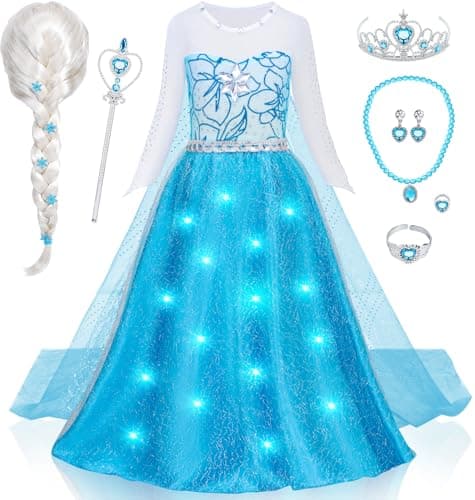 GC Girls Light Up Princess Dress Costume Toddler Princess Dress Up with Cape Kids Wig Crown Wand Toys Halloween Cosplay Birthday Party Gifts