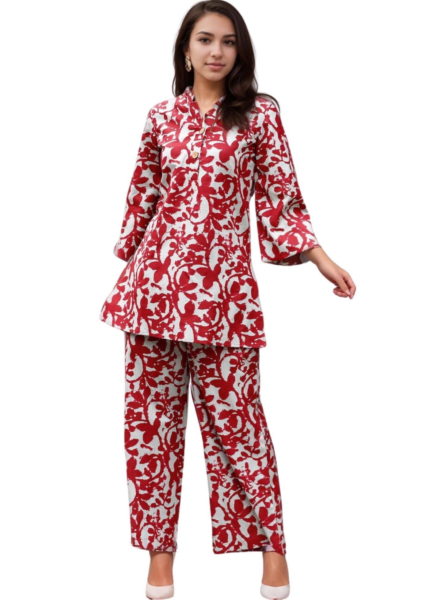 SHIENZY Women Rayon Co Ord Set | Stylish Printed Kurta Top with Wide Leg Pants | Casual Summer Top with Palazzo Pants(1594SHZ_MRN_L) Maroon