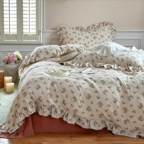 BuLuTu Chic Shabby Vintage Floral Duvet Cover Twin for Kids Girls Boys 100 Cotton Muslin Ruffled Quilt Cover Twin Comforter 68x86 Soft Breathable Zipper Closure No Pillowcase