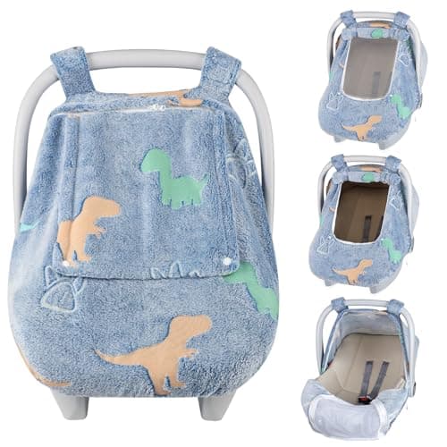 Jundetye Car Seat Cover Baby Boys Girls, Soft Flannel Infant Carseat Cover with 2 Zipper Windows, Dinosaur Carrier Cover Canopy Glow in The Dark, Comfortable & Machine Washable, Blue