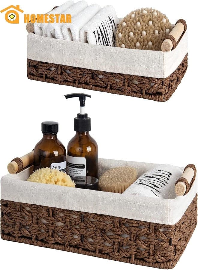 Set of 2 Small Wicker Baskets for Shelves, for Organizing with Natural Fiber Liner, Toilet Storage, Toilet Tank Top, Brown