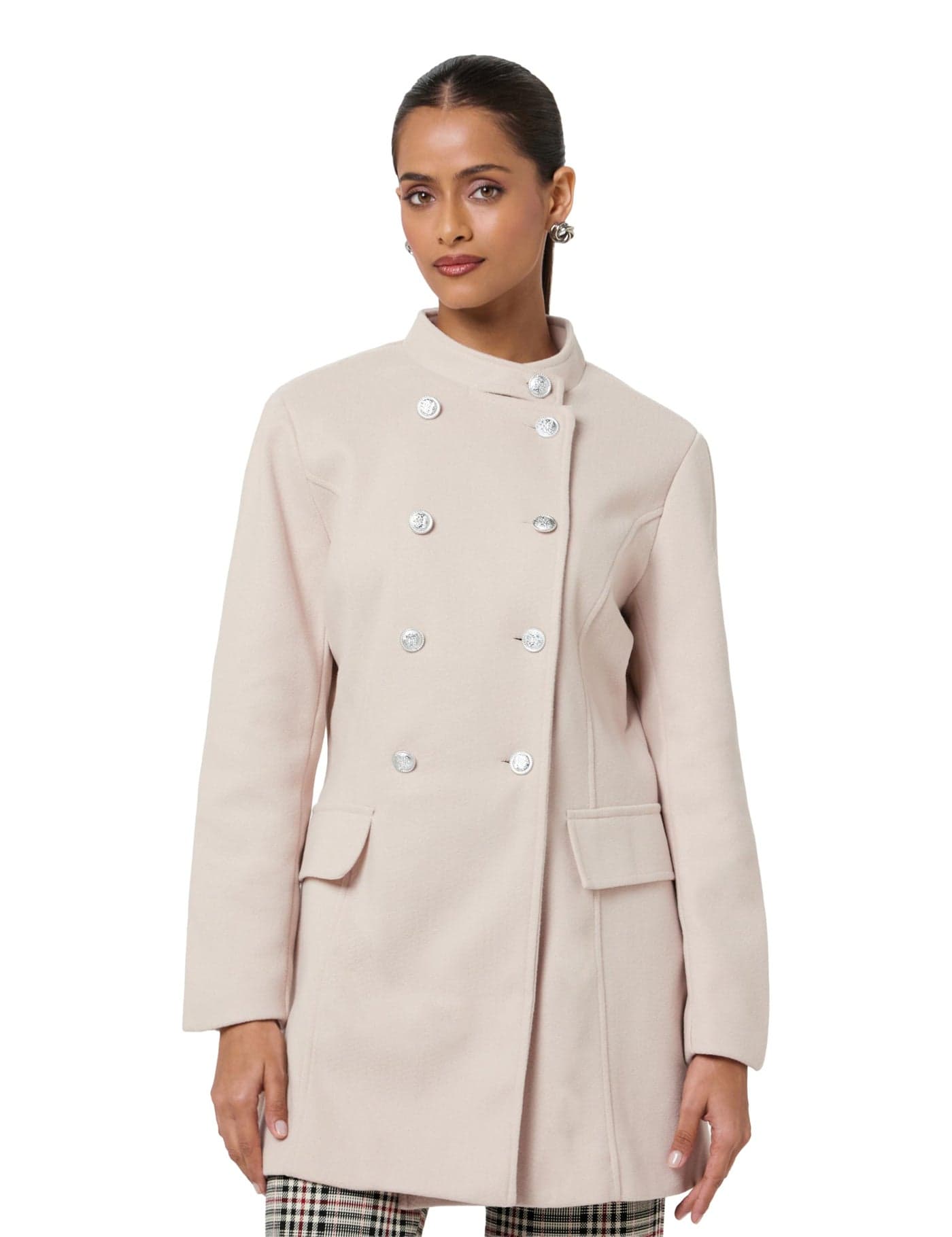 Styli Women Long Line Double Breatsed Coat Beige