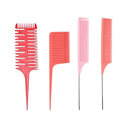 Fox Baby Hair Highlighting Comb Set - Professional Metal Rat Tail Teasing Comb, Dyeing Foiling Comb for Home Hairstylist and Barber (4 Pcs Red)