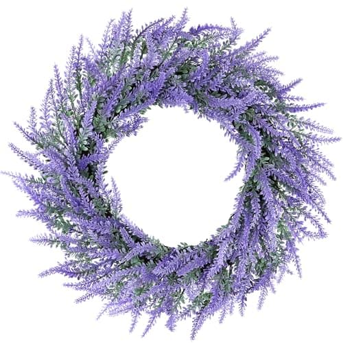DEVONWIDE 20" Lavender Wreath for Front Door, Artificial Purpule Wreath for Porch, Wedding, Farmhouse Decor, Outdoor Wreaths All Seasons Spring Summer Home Wall Window Decorations(Purple Lavender)