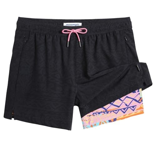 maamgic Mens Swim Trunks with Compression Liner 5" Stretch Athletic Swimming Shorts Quick Dry with Zipper Pockets No-Chafing Board Shorts Totem Large