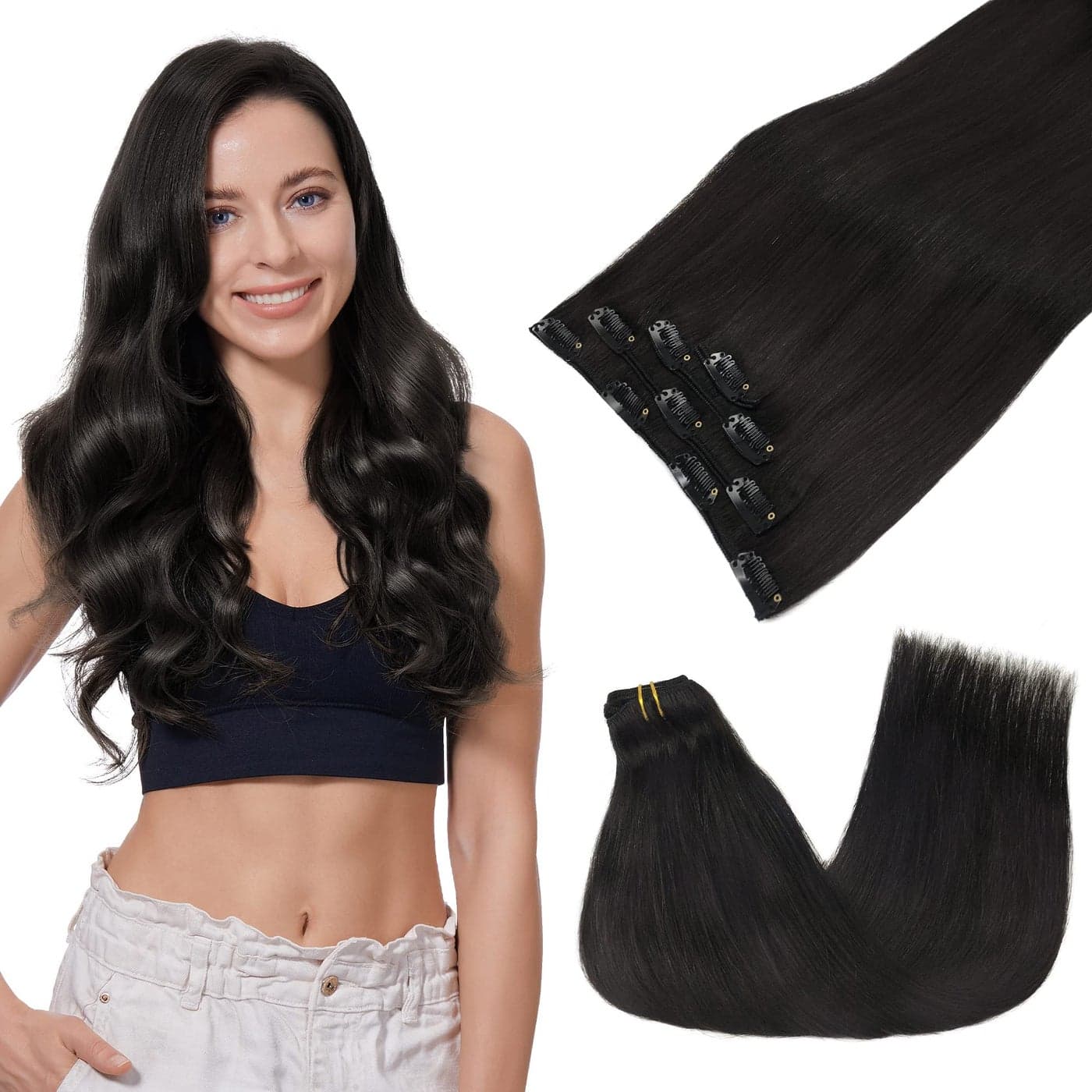 GOO GOO Clip in Hair Extensions Real Human Hair Remy Human Hair Extensions Clip ins for Women Natural Human Hair 14inch 60g 4Pcs 1B Natural black
