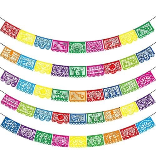 Asoulin 5PCS Mexican Party Decorations, 90FT Plastic Papel Picado Banner, Fiesta Party Decoration, Dia De Los Muertos, Day of The Dead Decorations, Cinco De Mayo Decor, Mexico Birthday Party Supplies
