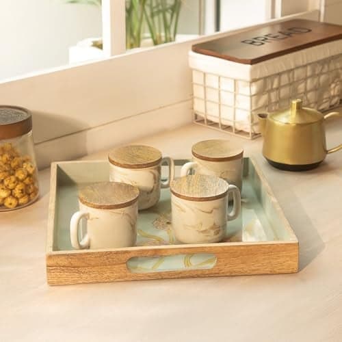 Ellementry Jupiter Ceramic Mug Set of 4 with Wooden Lids (150 ml Each) | Multipurpose Lid as Coaster | Handmade in India | Coffee, Tea & Milk Mugs | Dishwasher Safe | Gift for Home & Office