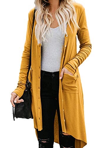 Womens Open Front Long Cardigan Button Down Duster Cardigans Laides Comfy Ribbed Loose Fit Knit Cardigan Yellow,L