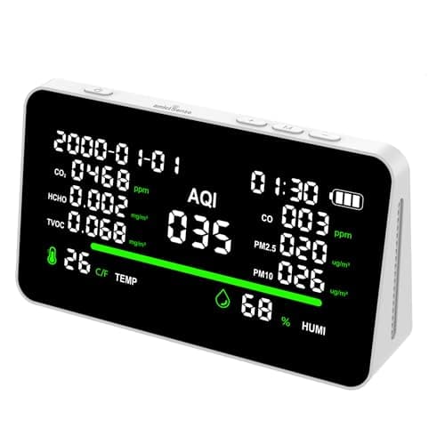 amiciSense 11-in-1 Air Quality Detector | CO₂, CO, PM2.5, PM10, HCHO, TVOC, AQI Monitor with Temperature & Humidity | Rechargeable Indoor Air Quality Monitor with Color Alerts