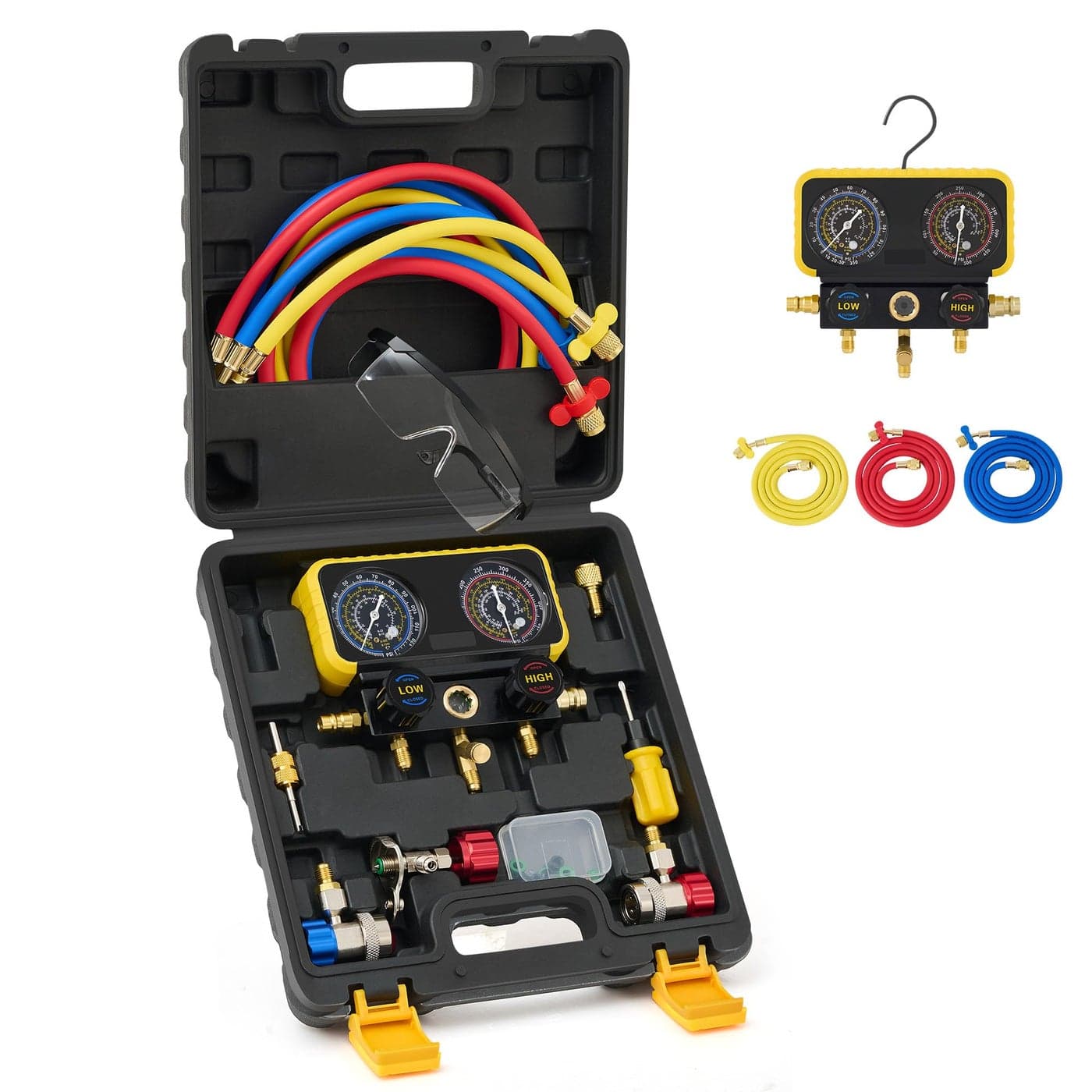 Orion Motor Tech AC Manifold Gauge Set for R134a R12 R22 R502 Refrigerants Automotive AC Gauge Set Precision Refrigerant Gauge Kit with 5 Hose Tank AC Adapters Adjustable Couplers Can Tap