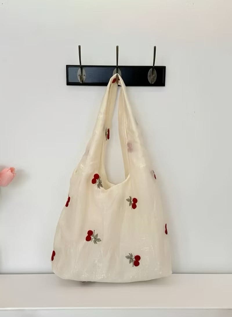 Cute Cherry Embroidered Sheer Shoulder Bag – Large Capacity High-Quality Tote for Commuting u0026 Casual Outings