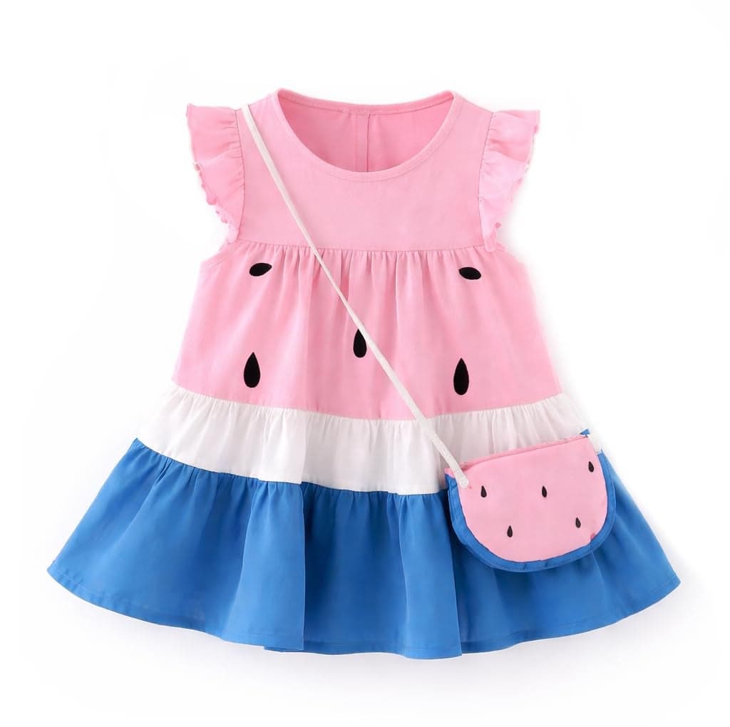 Bold N Elegant Baby Girl Knee-Length One in Melon Cap Sleeve Cotton Summer Party Flared Dress Frock with Faux Bag Purse (18-24 Months, Pink)
