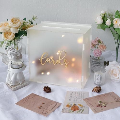 OurWarm Acrylic Wedding Card Box with String Light Frosted Gift Card Box for Wedding Decorations for Reception Money Box for Bridal Shower Decorations Party Reception Anniversary