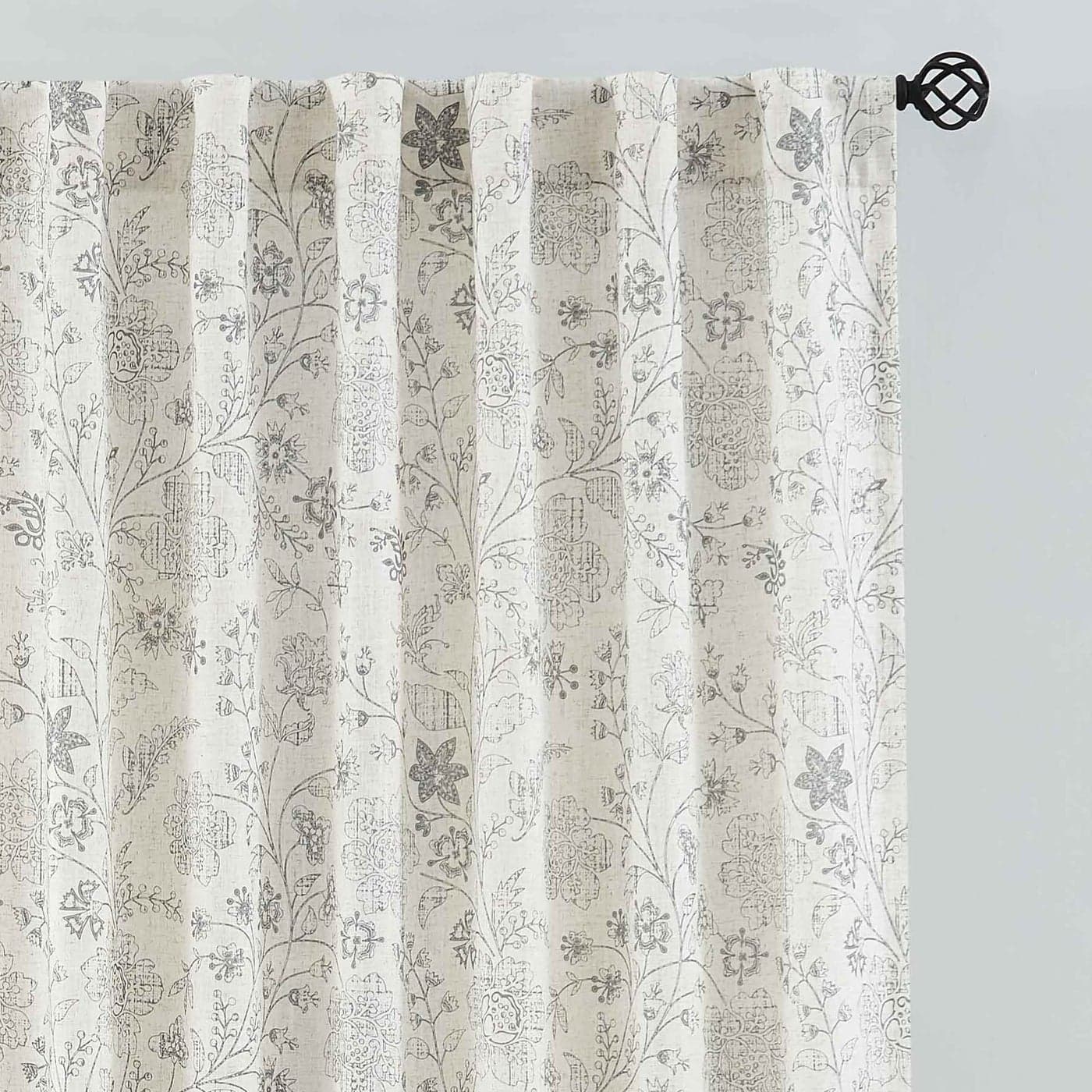 Vision Home Floral Linen Curtains 84 inch Long Rod Pocket Back Tab Farmhouse Light Filtering Botanical Print Window Curtains for Living Room Bedroom Semi Sheer Drapes Gray on Beige 2 Panels54Wx84L