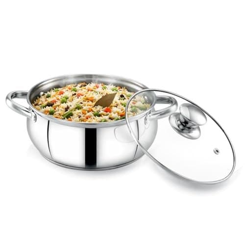 Avias INOX IB Belly Stainless Steel Cookpot with Glass Lid, Triply Induction Bottom, Multi Purpose Cooking Pot, Gas & Induction Compatible, Durable & Long Lasting 20cm