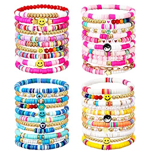 Ecally 44 Pcs Friendship Bracelet Heishi Surfer Clay Bead Set Preppy Bracelet Stackable Beach Boho Y2k Cute Jewelry for WomenCute Style