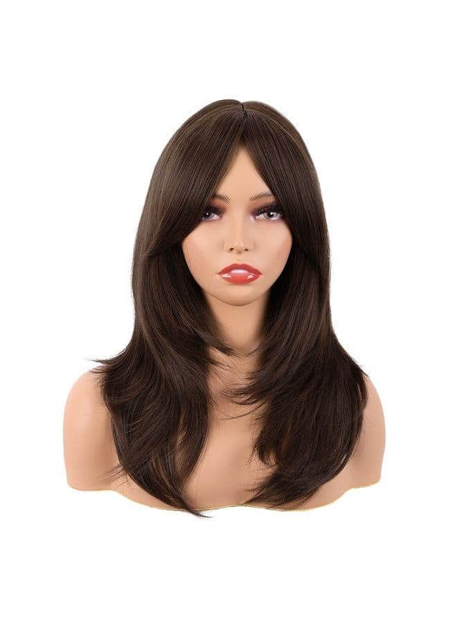 20 Inch/50 cm Long Layered With Bangs Straight Synthetic fiber Shoulder Length Hair for Daily Use or Party Wig (Brown)