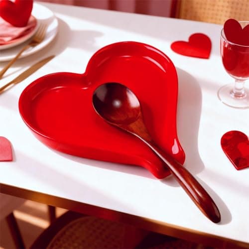 Remerry Mother's Day Heart Cute Spoon Rest for Kitchen Counter, 6 Inch Ceramic Utensil Tray for Stove Top, Coffee Teaspoon Holder & Organizer for Coffee Station & Bar, Teaspoon Holder(Red)