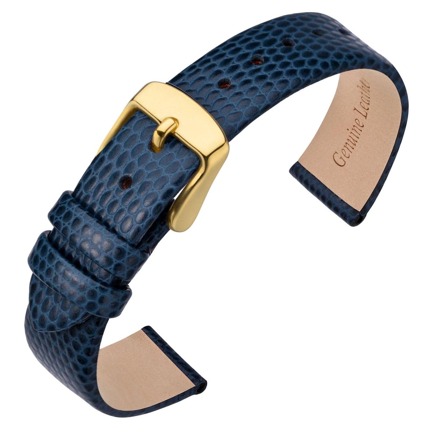 ANNEFIT Womens Leather Watch Band 10mm with Gold Buckle Lizard Grain Slim Thin Replacement Strap Blue