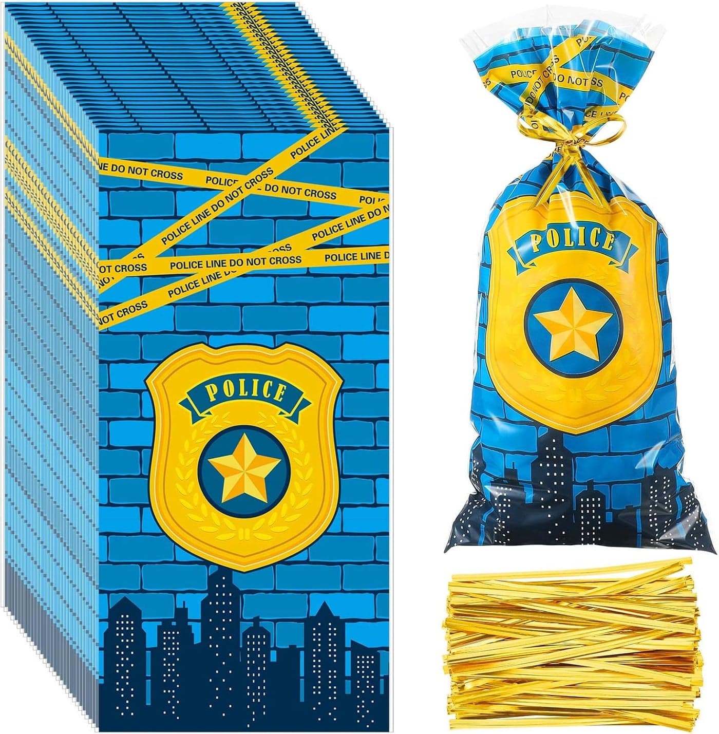 Epakh 100 Pcs Police Party Cellophane Bags Police Party Favor Bags Gift Candy Goodie Blue Cello Treat Bag with 100 Silver Twist Ties for Cop Birthday Supplies